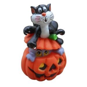 Halloween Black Cat w/Ghost Peeking Out of Pumpkin Vinyl B.E.E. 1991 Vintage